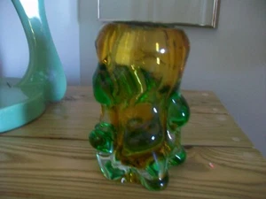 VTG CZECH BLOWN GLASS TEAL AND AMBER COLOR SMALL VASE - Picture 1 of 4