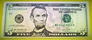 MG 014/58/014 B Federal US Five Dollar Bill_2013_Fancy Serial #_Bookend 3 Digit_ - Picture 1 of 5