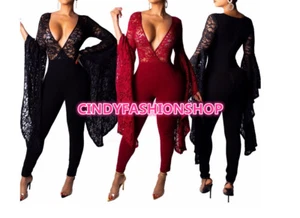 Mujeres Encaje Patchwork Mangas Largas Brotes Sexy Cuello en V Club nocturno ceñido al cuerpo Mono - Imagen 1 de 15