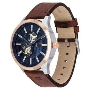 Tommy Hilfiger Men’s Watch 1791642 Automatic Brown Leather Strap Blue Dial 44mm - Picture 1 of 3