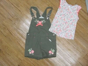Girls Overalls Little Lass Green Floral Bib Shortalls With Cute Top Size 6X - Picture 1 of 6