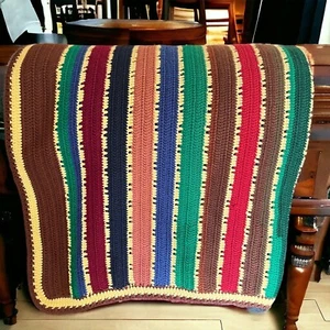 VTG Rainbow Stripe Afghan Throw Blanket Handmade Crochet Knit Granny Retro 38x54 - Picture 1 of 9