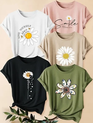 Floral Daisy Quote Theme Pretty Spring Summer Multicolour T-shirt Women Tops - Image 1 of 4