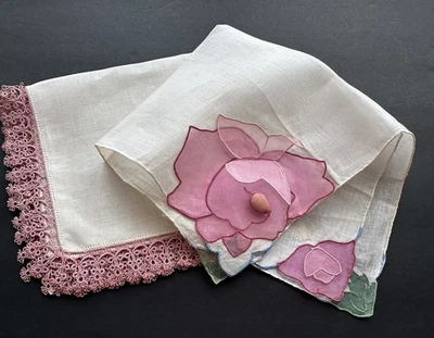 Vintage NOS Madeira Hand Embroidered Hankie 3D Trembler Pink Flowers Tatted Lace - Image 1 of 4