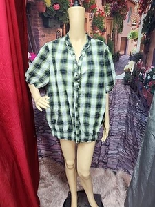 Jms Plaid Peasant Blouse Gathered Waistband, Gray, White, Green, Cotton Sz 3x - Picture 1 of 8