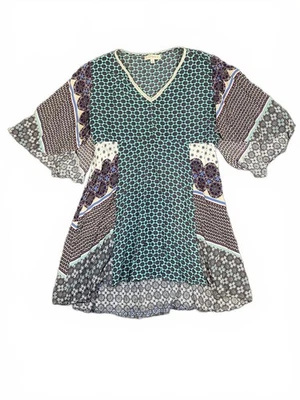 Top túnica para mujer Umgee boho con estampado de retazos cuello en V manga 3/4 campana talla XL Foto 1 de 4