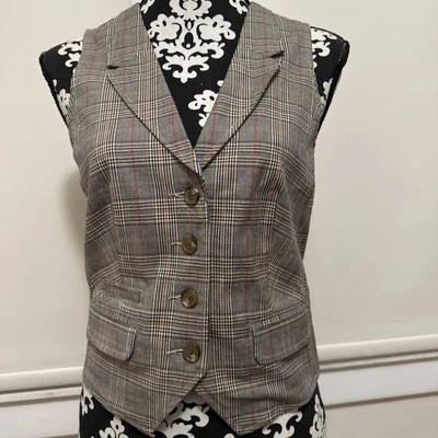 Colete Tommy Hilfiger Feminino Tamanho 6 Marrom Laranja Preto Xadrez Y2K Botão para Baixo - Imagem 1 de 4