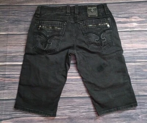 ROCK REVIVAL NEWT SZ 38W×15L BLACK MOTO EMBROIDERED BUTTON POCKETS SHORTS EUC  - Picture 1 of 17