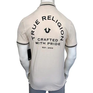 NWT TRUE RELIGION MSRP $69.99 MEN'S BEIGE SHORT SLEEVE POLO SHIRT SIZE S M L XL - Foto 1 di 9