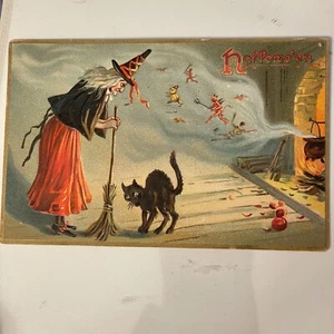 Raphael Tuck Halloween Postcard 1908 Witch Cat Cauldron Bat Devil Skeleton # 160 - Picture 1 of 17