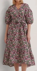 MNG By Mango Linda Dress Midi Pink Floral Puff Sleeve Belted Sz 10 Oversized NWT - Picture 1 of 10