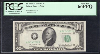 FR. 2012-K 1950-B $10 FRN FEDERAL RESERVE NOTE DALLAS, TX PCGS GEM UNC-66PPQ - Image 1 of 2