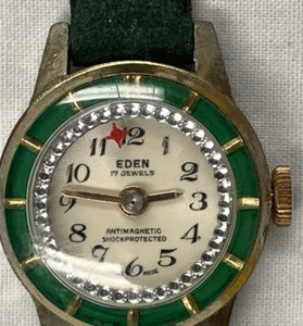 Eden 17 Jewel Antimagnetic Shock Protected  Green Bezel Swiss Made PARTS REPAIR - Picture 1 of 5