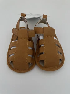 NWT Baby Girl Child Of Mine Tan Cognac Sandals Strappy Sz 3-6M Flat Shoes - Picture 1 of 6