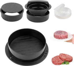 Pressa Hamburger, 3 in 1 Pressa Hamburger Professionale 100 Pezzi Di Carta Macch - Foto 1 di 12