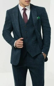 Tuta uomo blu navy misto lana tweed spina di pesce sposo smoking matrimonio cena - Foto 1 di 11