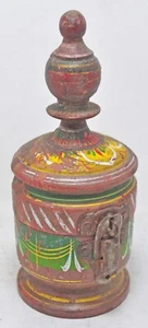 Antique Wooden Lacquer Painted Kum Kum Powder Tika Box Original Old Hand Carved  - Picture 1 of 8