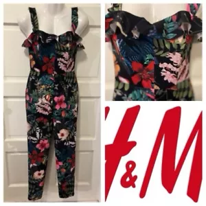 NWT H&M Butterfly Tropical Floral All Over Print Ruffle Sleeveless Jumpsuit Sz 4 - Picture 1 of 9