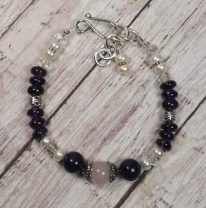 Amethyst Rose Quartz Pearl Crystal Bali Beaded Bracelet Handmade New - Picture 1 of 3