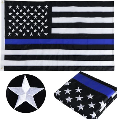 Thin Blue Line USA American Flag Police with Embroidered Stars and Sewn Stripes - Image 1 of 4