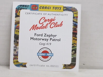 Zertifikat / Certificate of Authenticity Ford Zephyr Police Corgi 419 Re-Issue - Bild 1 von 2