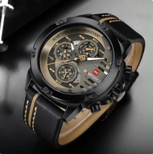 NAVIFORCE Mens Watch Quartz Chronograph Watches For Men Leather Mens Watches Men - Picture 1 of 4