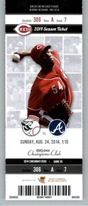 Atlanta Braves vs Cincinnati Reds 8/24/2014 Full Ticket - Zack Cozart 3H/2R - Picture 1 of 2