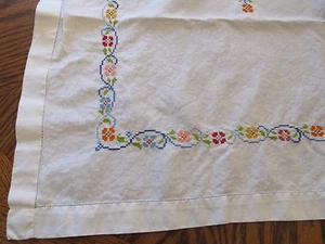 VINTAGE Embroidered Cross Stitch Tablecloth - 54 x 78 - Flower Border - Picture 1 of 8