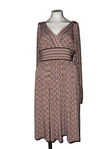 Maggy London Damen Kleid Größe 6 Langarm V-Ausschnitt Braun Geometrisches Muster Neutral - Bild 1 von 4