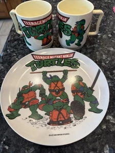 VINTAGE Teenage Mutant Ninja Turtles TMNT 8" Plate Dish and 2 Cups 1989 - Picture 1 of 5