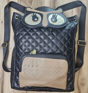 Betsey Johnson Owl Backpack Hand Bag Quilted Black/Tan - Picture 1 of 11