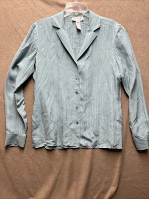 Blusa para mujer Rena Rowan azul con botones manga larga 100 % seda talla 10 Foto 1 de 4