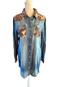 Crazy Train Western Long Blue Denim Shirt Pony Print Trim Long Sleeve Button Up - Picture 1 of 11