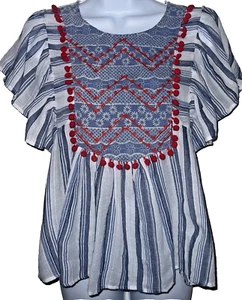 THML  Embroidered Top Red Blue White With Pom Pom  Tassels Size Small  - Picture 1 of 11