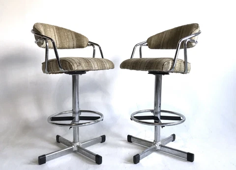 2 VINTAGE BOHO HOLLYWOOD REGENCY MID CENTURY SWIVEL CHROME BAR STOOL ARM CHAIR Cover