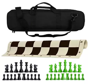 Deluxe Triple Weight Chess Set - Vinyl Board Pieces & Bag - Black Neon Green - Picture 1 of 5