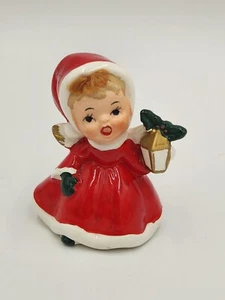 Vintage Ceramic Christmas Angel Figurine In Red Dress w/Red Hair Holding Lantern - Picture 1 of 11