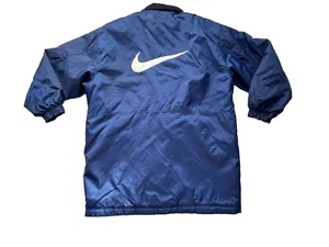 Vintage Blue Nike Puffer Long Coat Men’s Size L Collared Large Nike Swoosh - Picture 1 of 13