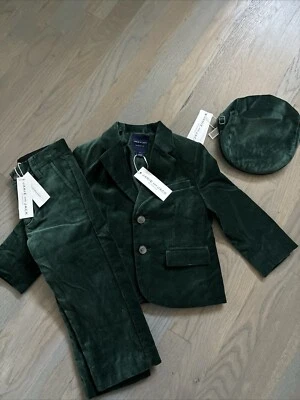 NUEVO CON ETIQUETAS Janie and Jack Niño VACACIONES INVIERNO 3 Piezas Traje Terciopelo Verde 2T 3T 4T GEMELOS Foto 1 de 4