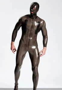 Latex Rubber Grau Catsuit Anzug Zentai Strumpfhose Overall Chest Zip Mask Party - Bild 1 von 3