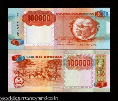 ANGOLA 100000 KWANZAS P-133x 1991 *Error UNC SABLE ANTELOPE CURRENCY ANIMAL NOTE - Image 1 of 4