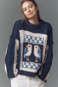 Anthropologie Pilcro Grobstrickpullover Rundhalsausschnitt Papageientaucher Vogel (Größe M) - Bild 1 von 6