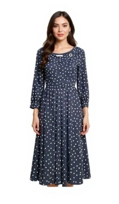 Vestido Evan Picone Talla 8 Lunares Azul Marino Tostado Cinturón Carrera, Fecha, Iglesia  Foto 1 de 4