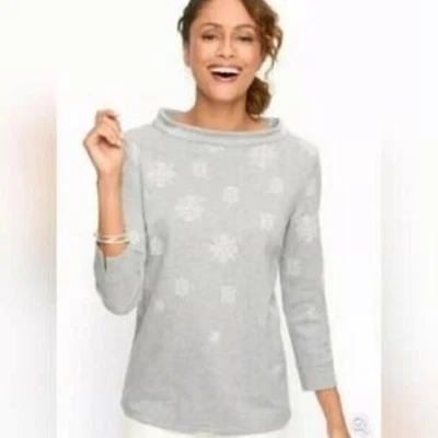 Damas Talbots Gris Copos de Nieve Cuello Barco Mangas 3/4 Sudadera Talla PM Petites Foto 1 de 4