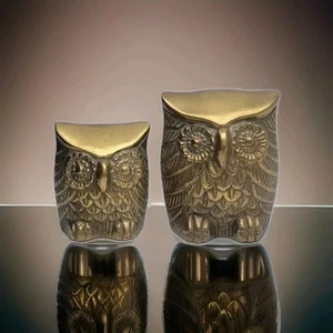 Vintage Solid Brass Owl Figurine Paperweight MCM Set of 2 Leonard Silver Mfg Co - Picture 1 of 5