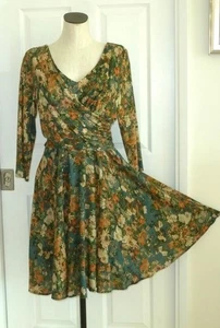 Peruvian Connection Fall Floral Art Fit Surplice & Circle Skirt Dress Pockets L - Picture 1 of 16