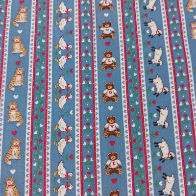 Vtg VIP Cranston Animal Stripe Print Folk Art Cat Sheep Teddy Blue  16" X 44"  - Image 1 of 4