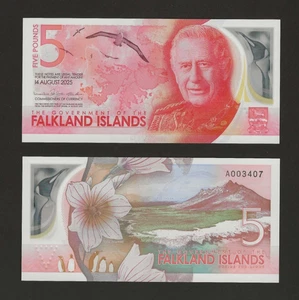 FALKLAND ISLANDS 5 Pounds 2025, P-20 King Charles III Polymer, UNC, Pretty Note - Picture 1 of 1
