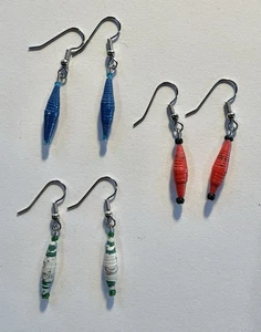 3er Set Paar: Recyclingpapier Perlen Fischhaken Ohrringe - blau rot weiß - Handarbeit - Bild 1 von 2