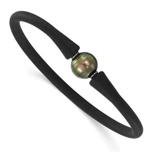 Stainless Steel Chisel and Silicone 10-11mm Tahitian Pearl Bracelet - Picture 1 of 4